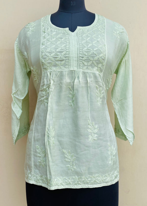 Lucknowi Chikankari Short Kurti Pista Green Mal Chanderi With Self 3D Work