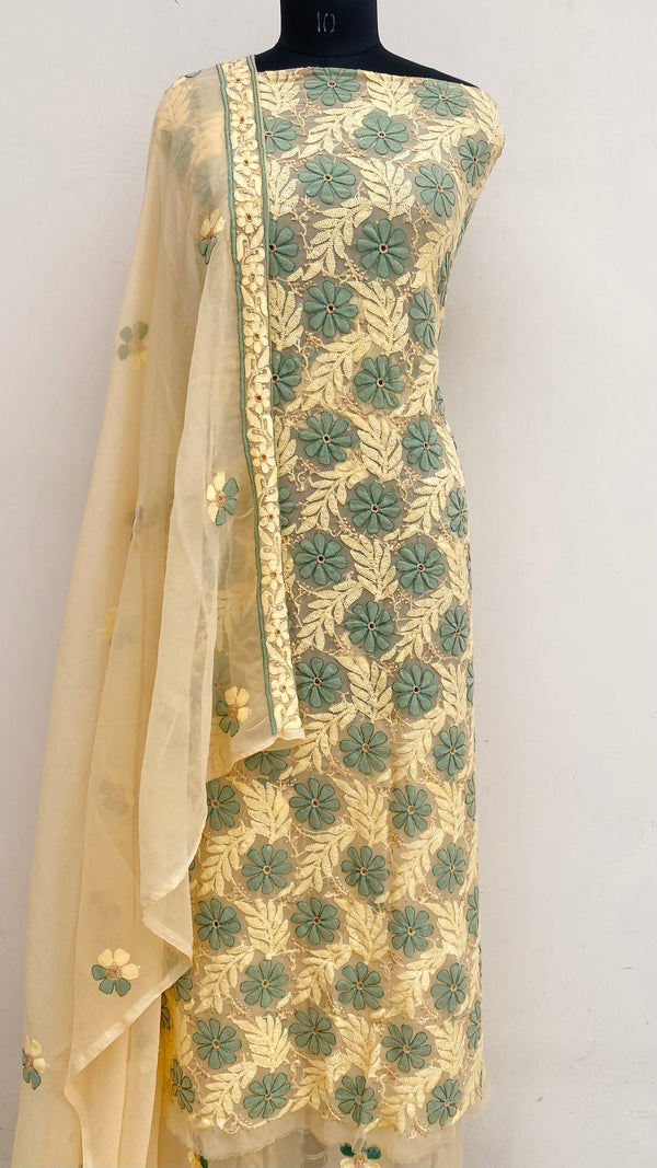 Lucknowi Chikankari Suit Length 3 Piece Beige Georgette