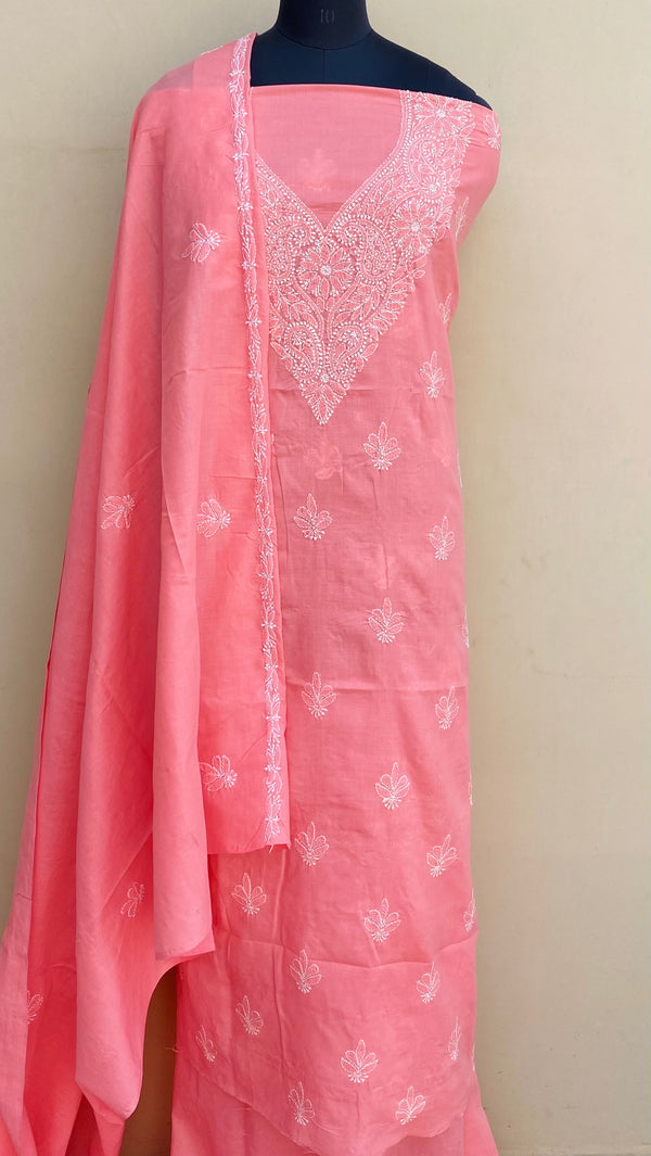 Lucknowi Chikankari Suit Length 3 Piece Pink Cotton With Embroidered Cotton Dupatta