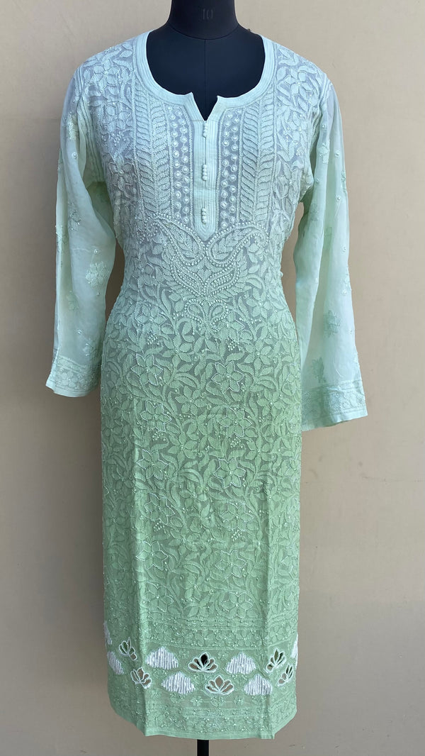 Lucknowi Chikankari Ombre Kurti Pista Green Pure Georgette With Cutdana & Resham Work