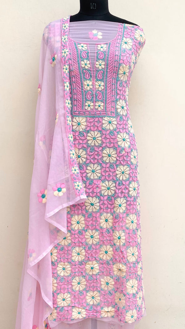 Lucknowi Chikankari Suit Length 3 Piece Pink Georgette