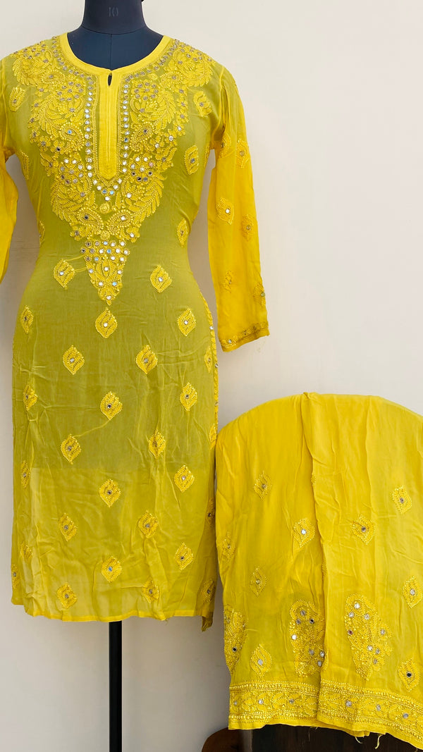 Lucknowi Chikankari Co-ord Set Yellow Pure Georgette With Mirror & Resham Work