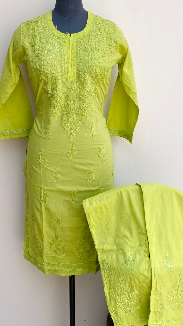 Lucknowi Chikankari Co-ord Set Mehndi Green Mulmul Cotton With Self Work