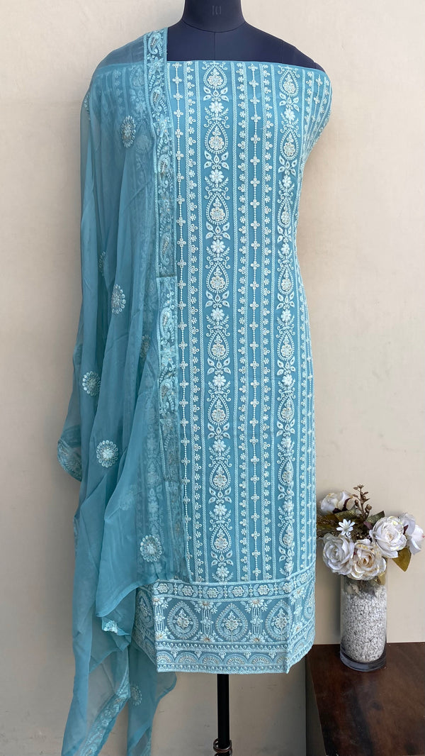 Chikankari Suit Length 3 Piece Turquoise Blue Pure Georgette