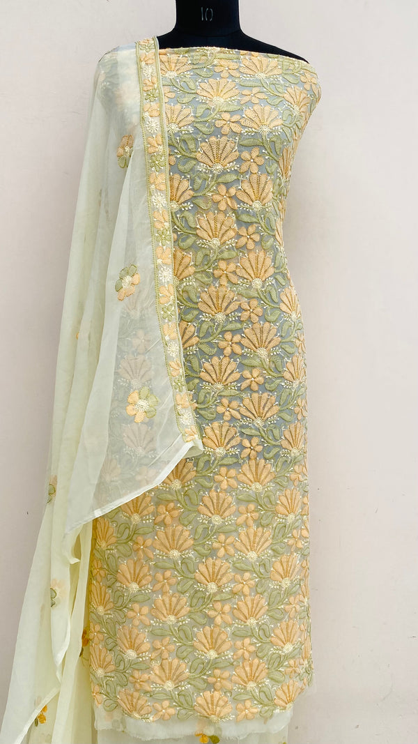 Lucknowi Chikankari Suit Length 3 Piece Lemon Yellow Georgette