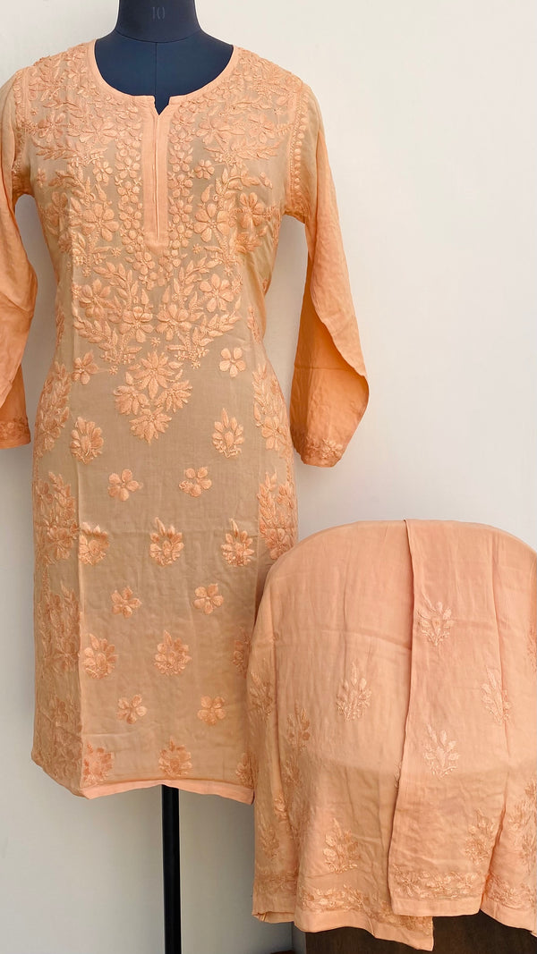 Lucknowi Chikankari Co-ord Set Peach Muslin Cotton With Self Work