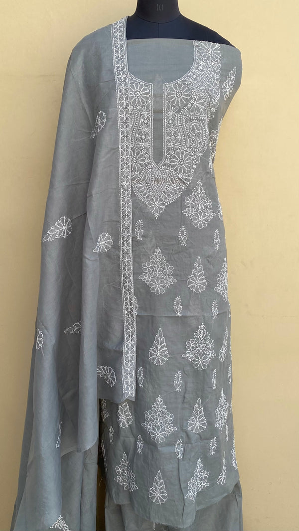 Lucknowi Chikankari Suit Length 3 Piece Gray Cotton With Embroidered Cotton Dupatta