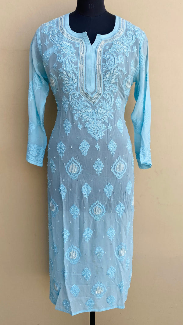 Lucknowi Chikankari Kurti Blue Pure Georgette With Cutdana,Pearl & Resham Work