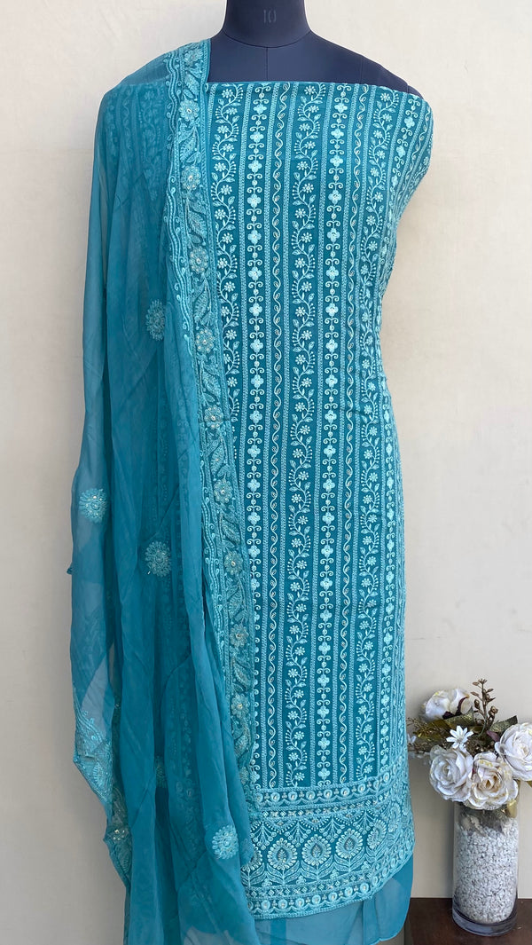 Chikankari Suit Length 3 Piece Teal Green Pure Georgette