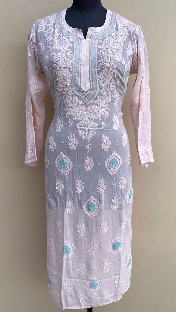 Lucknowi Chikankari Kurti Baby Pink Pure Georgette With Cutdana,Pearl & Resham Work