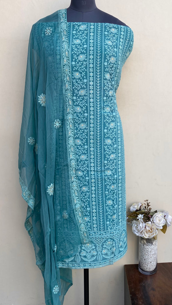 Chikankari Suit Length 3 Piece Teal Green Pure Georgette