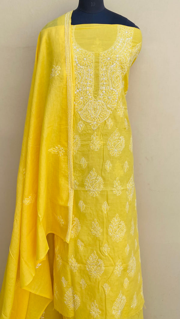 Lucknowi Chikankari Suit Length 3 Piece yellow Cotton With Embroidered Cotton Dupatta