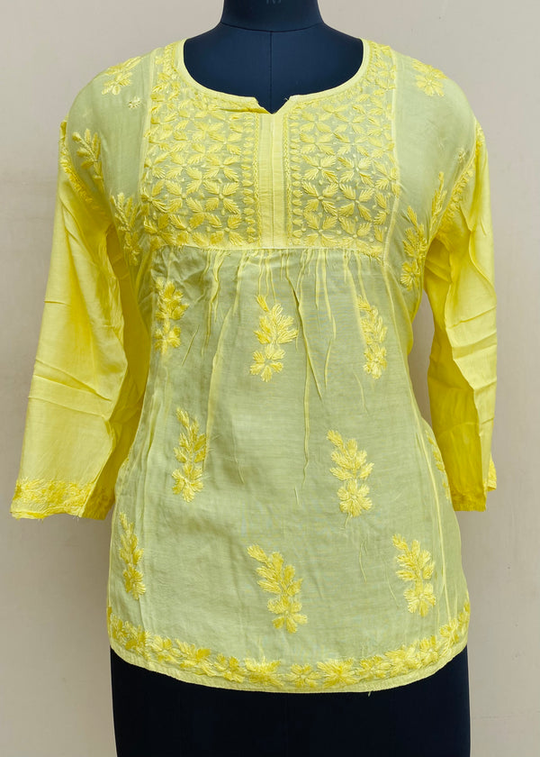 Lucknowi Chikankari Short Kurti Yellow Mal Chanderi With Self 3D Work