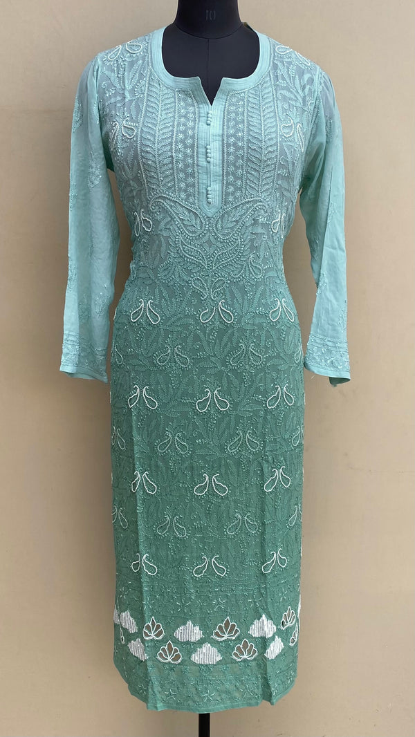 Lucknowi Chikankari Ombre Kurti Teal Green Pure Georgette With Cutdana, Pearl & Resham Work