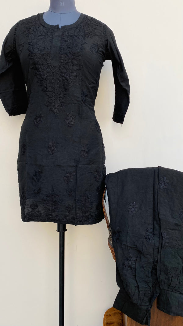 Lucknowi Chikankari Co-ord Set Black Mal Chanderi With Self Work