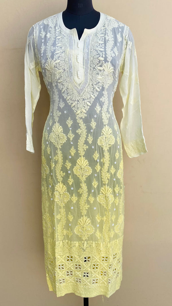 Lucknowi Chikankari Ombre Kurti Lemon Yellow Pure Georgette With Pearl,Cutdana & Sequence Work