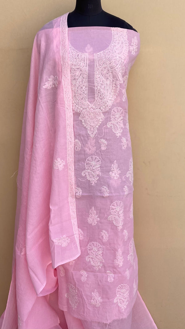 Lucknowi Chikankari Suit Length 3 Piece Pink Cotton With Embroidered Cotton Dupatta