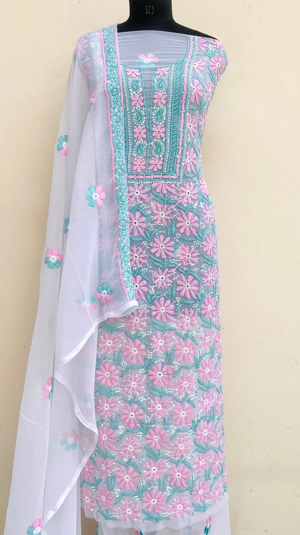 Lucknowi Chikankari Suit Length 3 Piece White Georgette