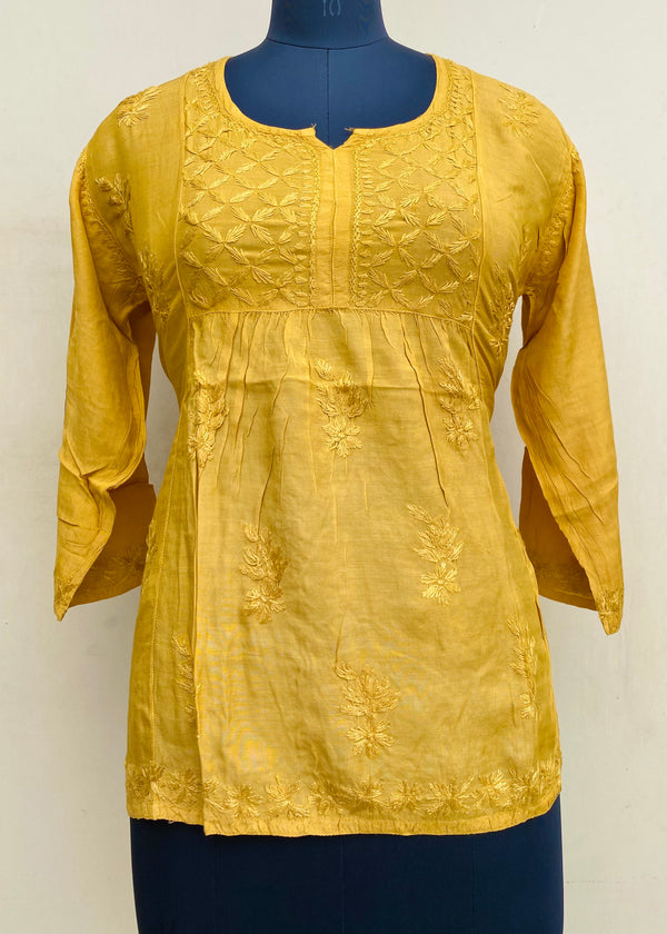 Lucknowi Chikankari Short Kurti Mustard Mal Chanderi With Self 3D Work