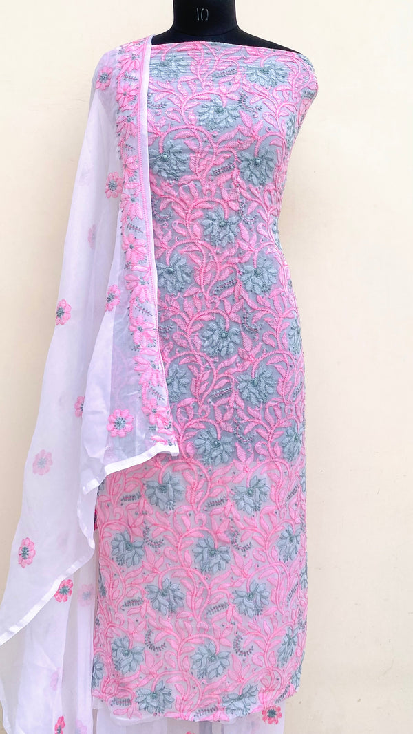 Lucknowi Chikankari Suit Length 3 Piece White Georgette