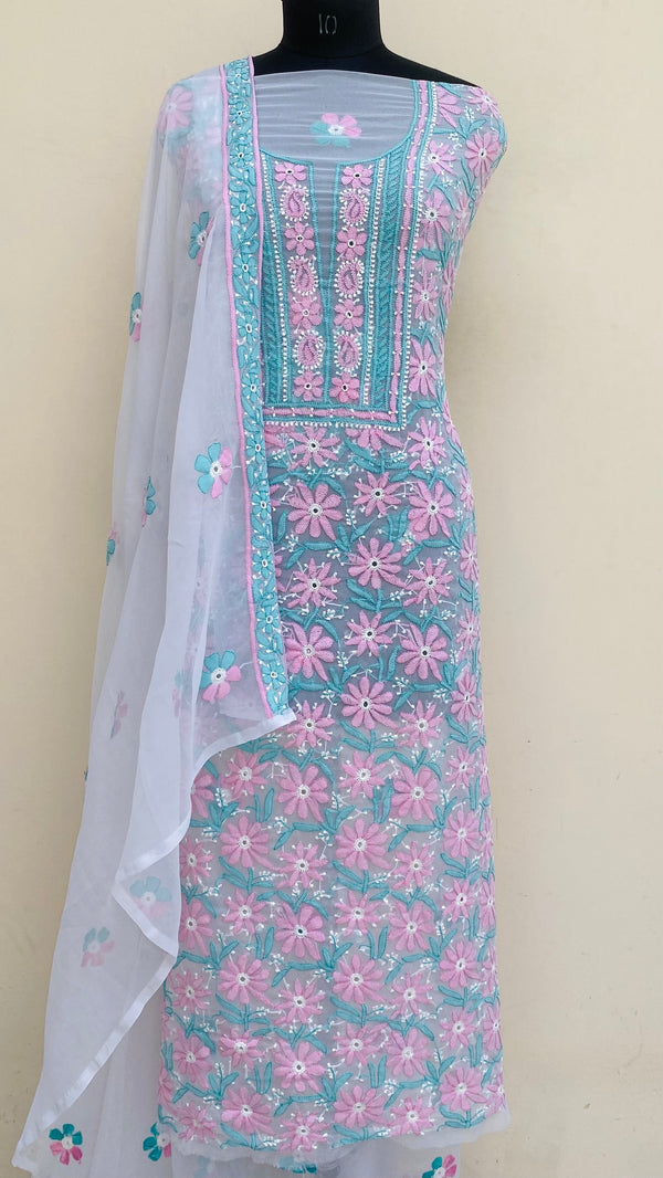 Lucknowi Chikankari Suit Length 3 Piece White Georgette