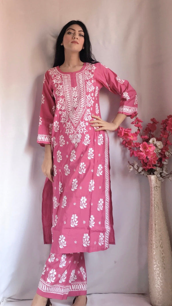 Lucknowi Chikankari Co-ord Set Rose Pink Soft Muslin Cotton