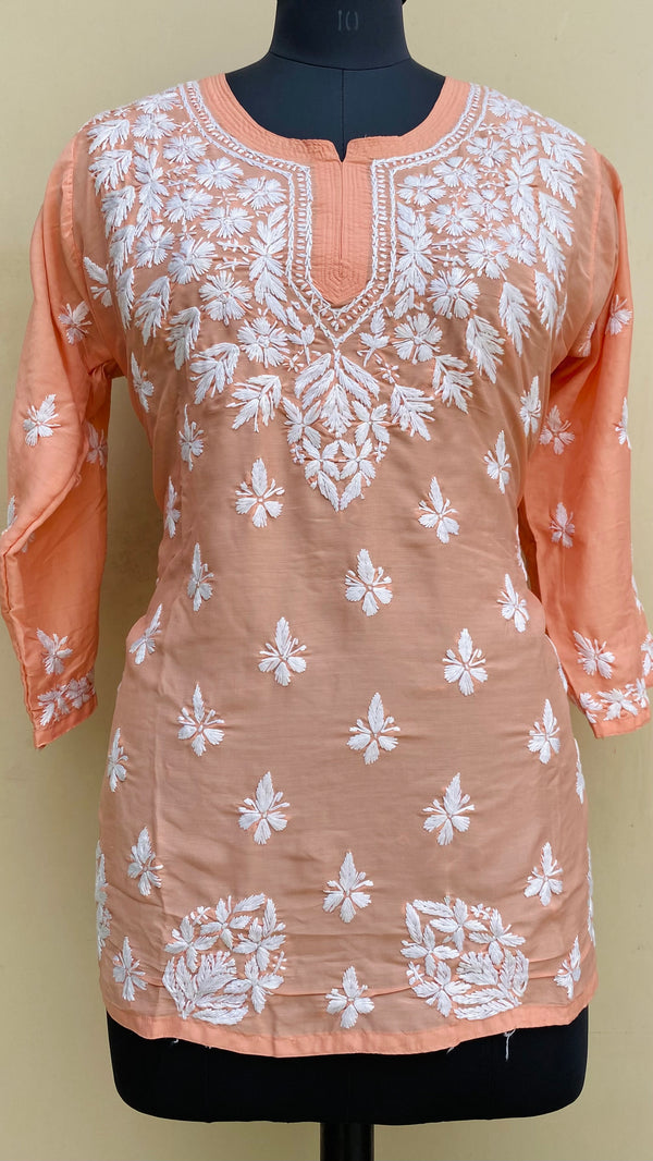 Lucknowi Chikankari Short Kurti Peach Modal Cotton