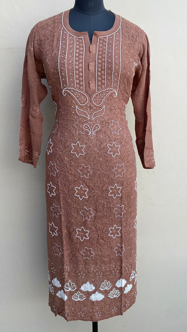 Lucknowi Chikankari Ombre Kurti Brown Pure Georgette With Pearl & Resham Work