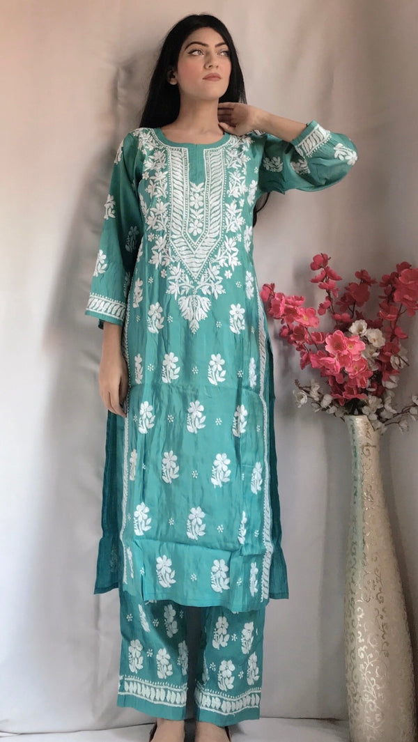 Lucknowi Chikankari Co-ord Set Green Soft Muslin Cotton