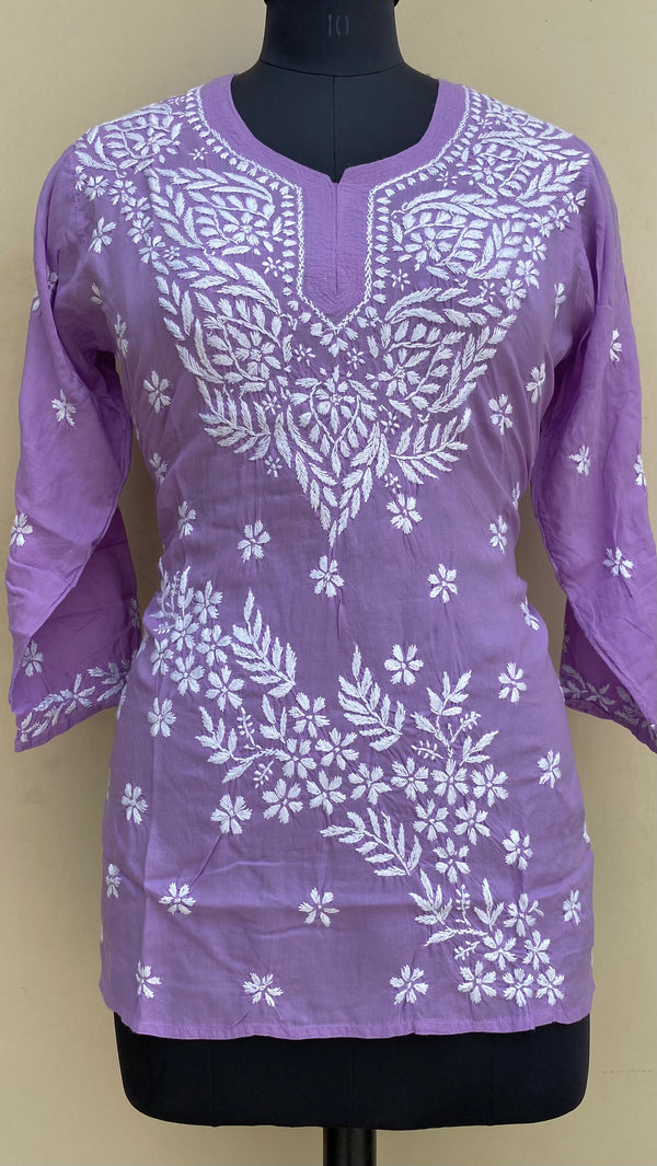 Lucknowi Chikankari Short Kurti Purple Modal Cotton