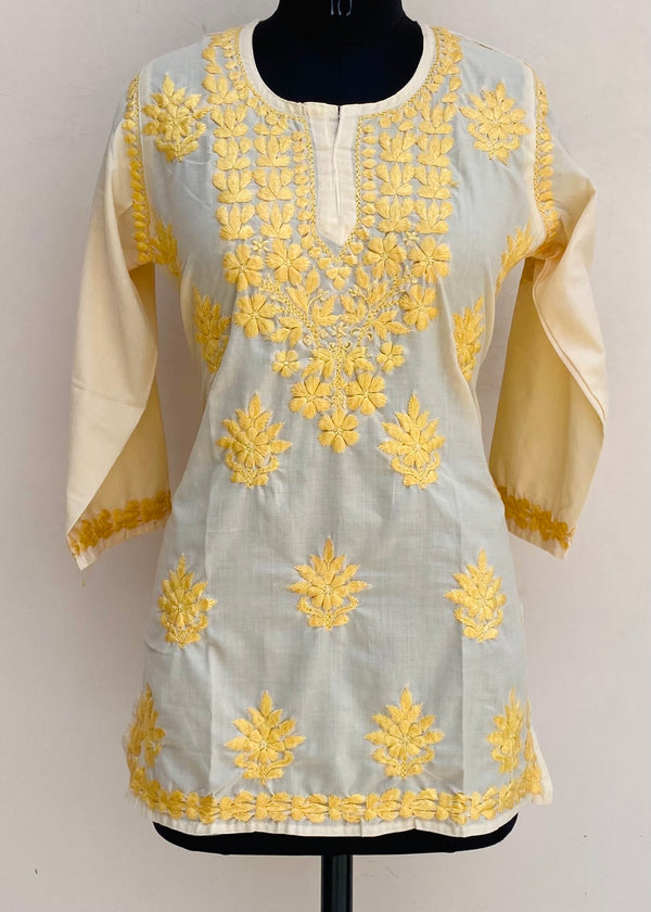 Lucknowi Chikankari Short Kurti Yellow Muslin Cotton With Self Work