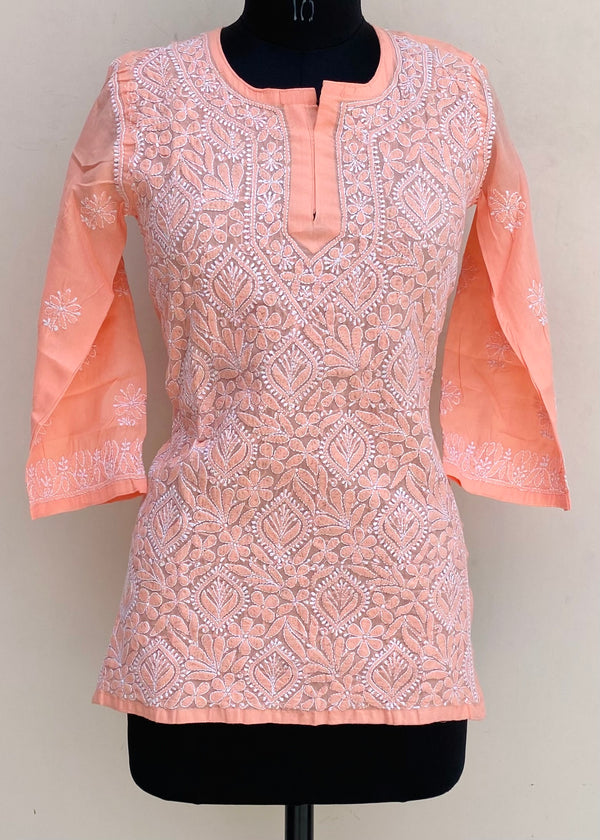 Lucknowi Chikankari Short Kurti Peach Cotton
