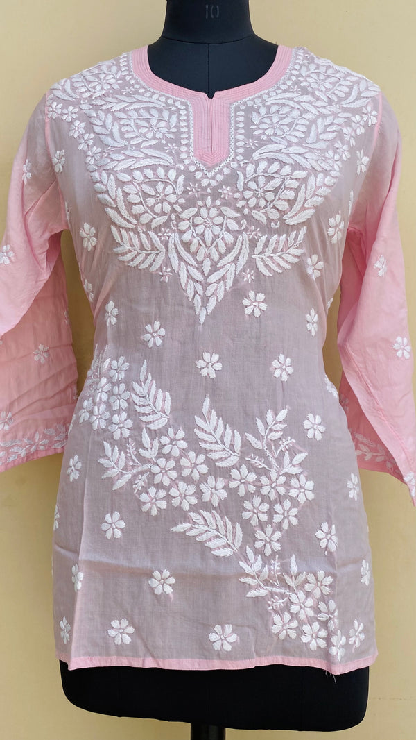 Lucknowi Chikankari Short Kurti Pink Modal Cotton