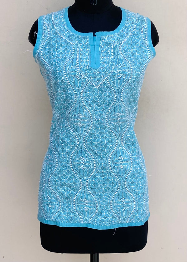 Lucknowi Chikankari Short Kurti Blue Cotton