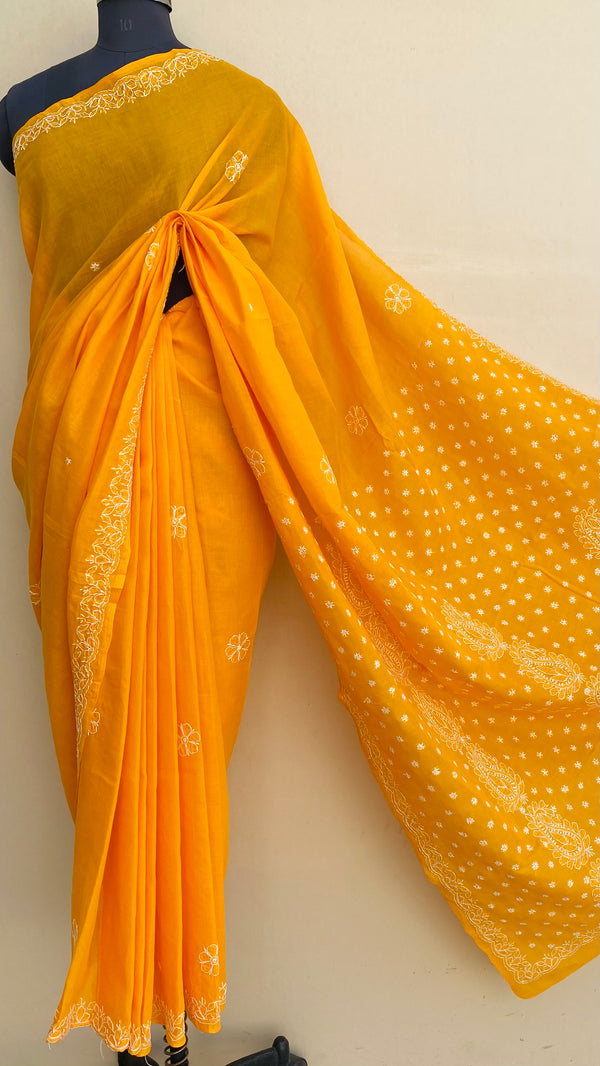 Lucknowi Chikankari Saree  Mustard Cotton