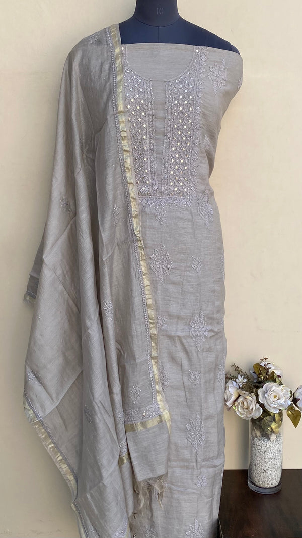 Lucknowi Chikankari Suit Length 2 Piece Gray Mal Chanderi With Mukaish Work