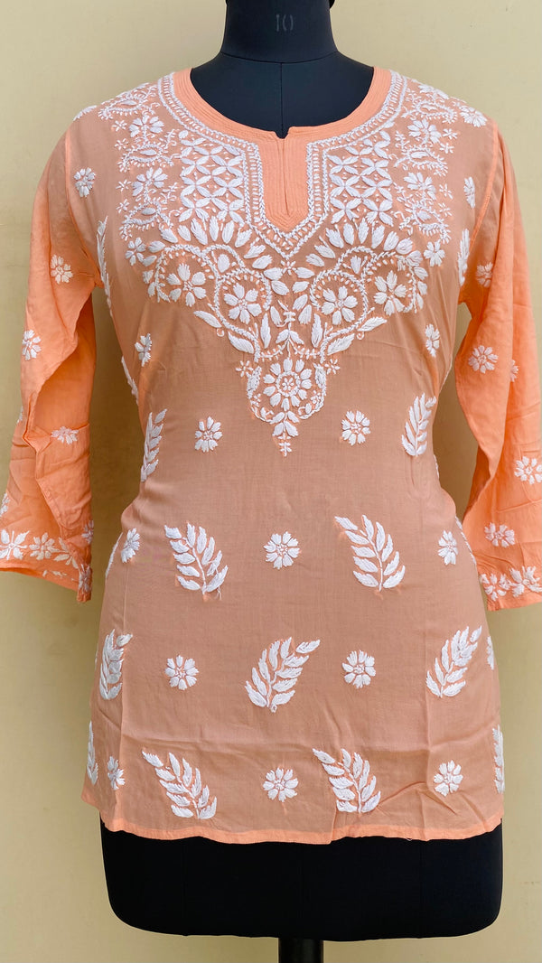 Lucknowi Chikankari Short Kurti Peach Modal Cotton