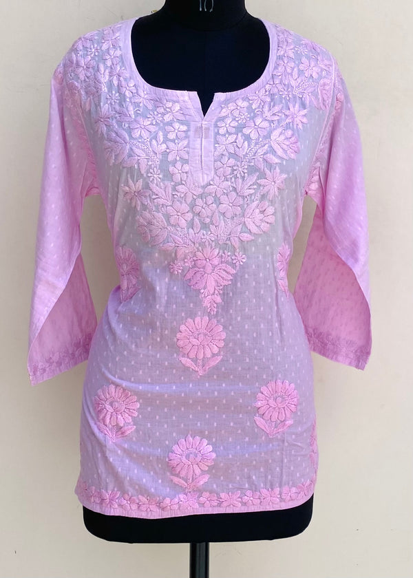Lucknowi Chikankari Ombre Short Kurti Pink Mulmul Cotton With Self Work