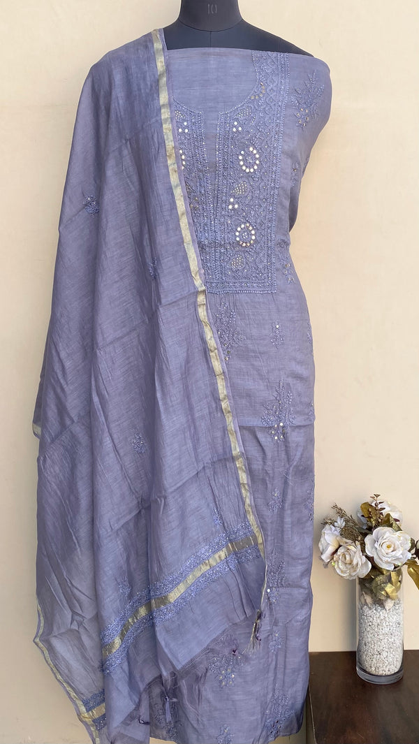 Lucknowi Chikankari Suit Length 2 Piece Purple Mal Chanderi With Mukaish Work