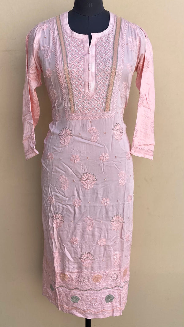 Lucknowi Chikankari Kurti Peach Muslin Cotton With Cutdana,Pearl,Resham & Self 3D Work