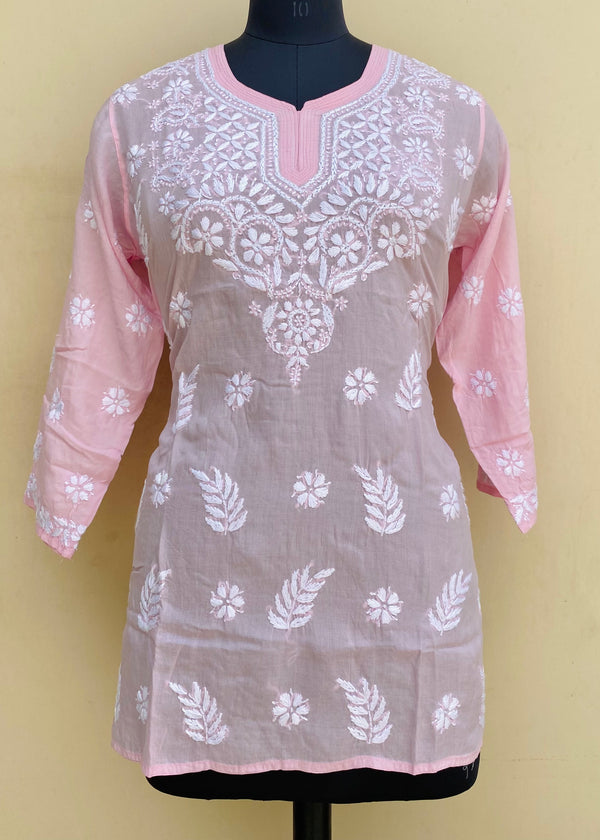 Lucknowi Chikankari Short Kurti Pink Modal Cotton