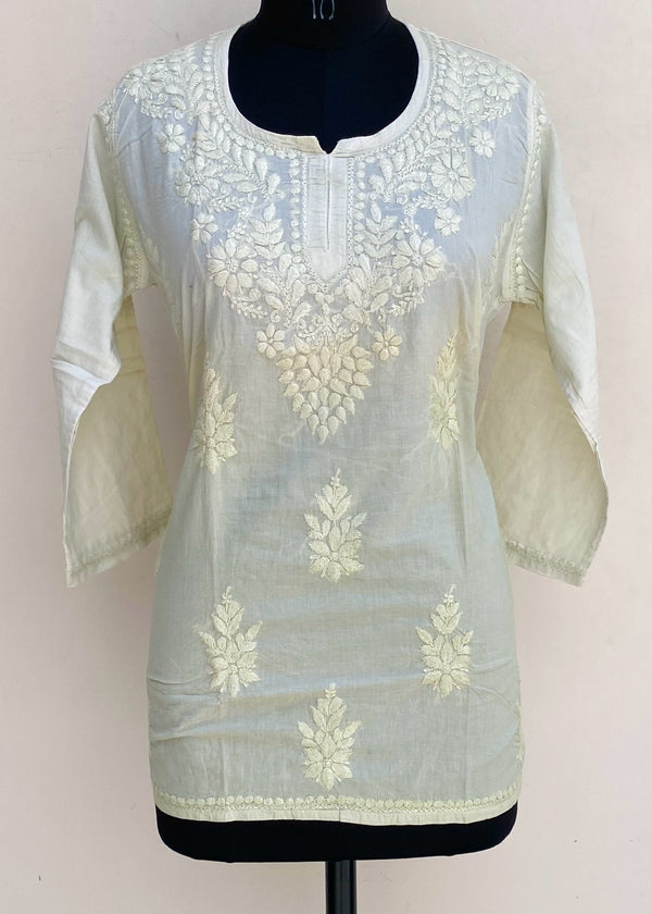 Lucknowi Chikankari Ombre Short Kurti Yellow Mulmul Cotton With Self Work