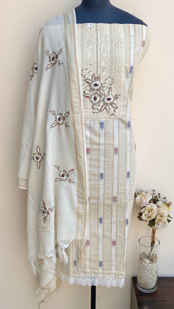 Designer Embroidered Suit Length 3 Piece Off White Mal Cotton With Mirror Work
