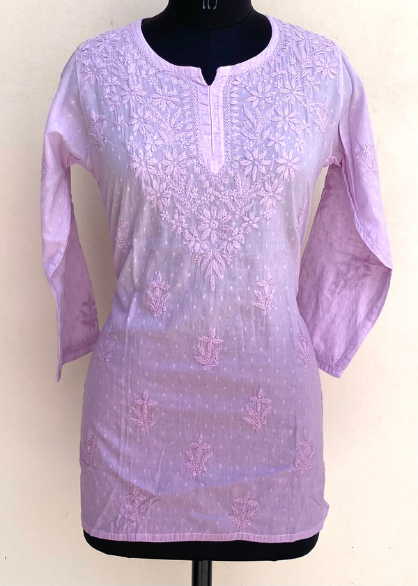 Lucknowi Chikankari Ombre Short Kurti Purple Mulmul Cotton With Self Work