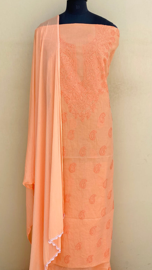 Lucknowi ChikanKari Suit Length 3 Piece Peach Cotton