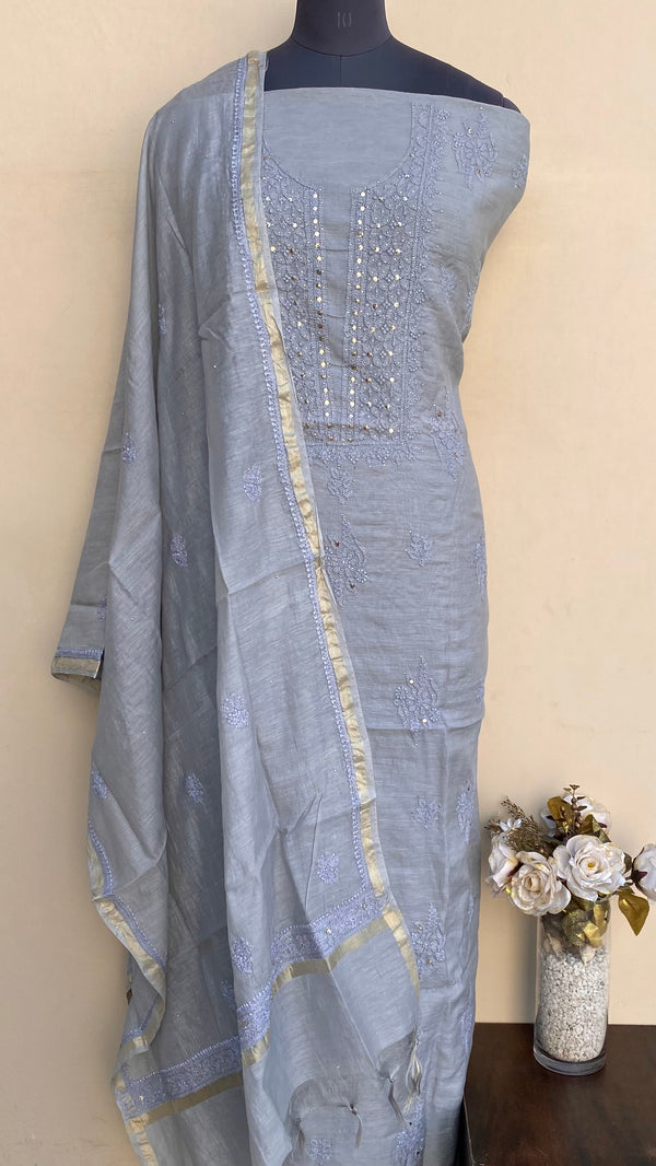 Lucknowi Chikankari Suit Length 2 Piece Gray Mal Chanderi With Mukaish Work