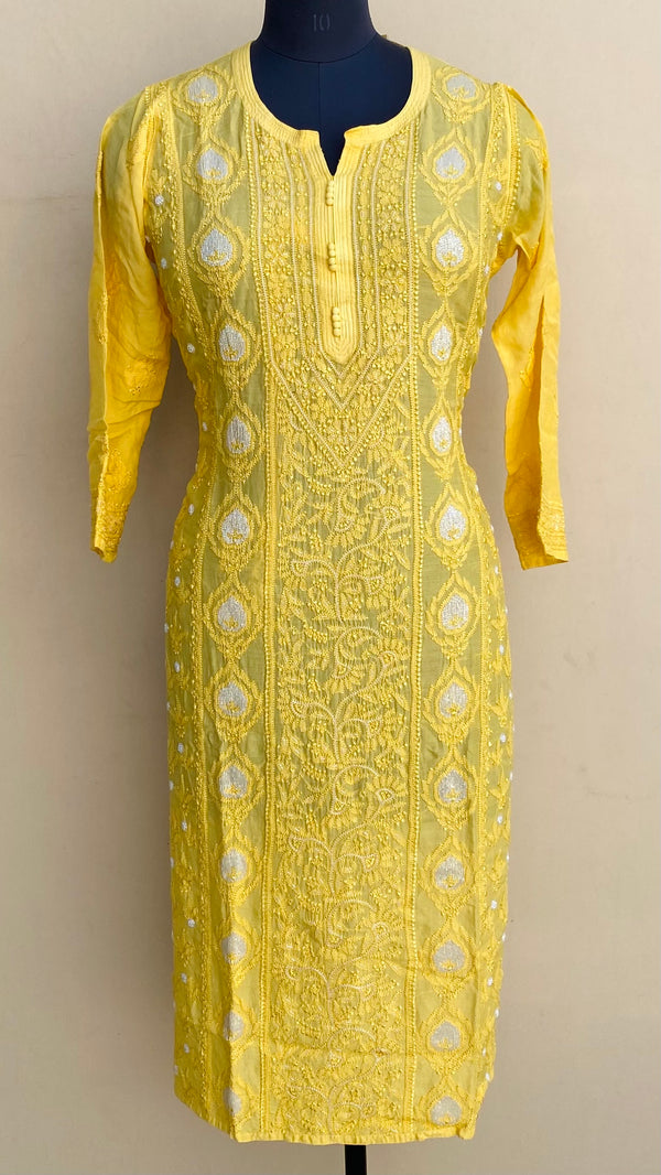 Lucknowi Chikankari Kurti Yellow Muslin Cotton With Pearl, Sequence & Resham Work