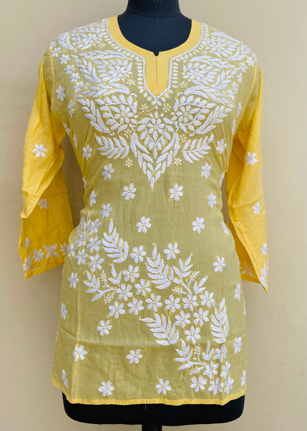 Lucknowi Chikankari Short Kurti Yellow Modal Cotton