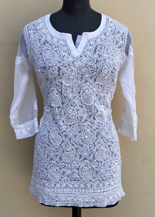 Lucknowi Chikankari Short Kurti White Georgette