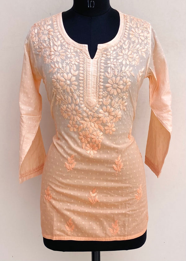 Lucknowi Chikankari Ombre Short Kurti Peach Mulmul Cotton With Self Work